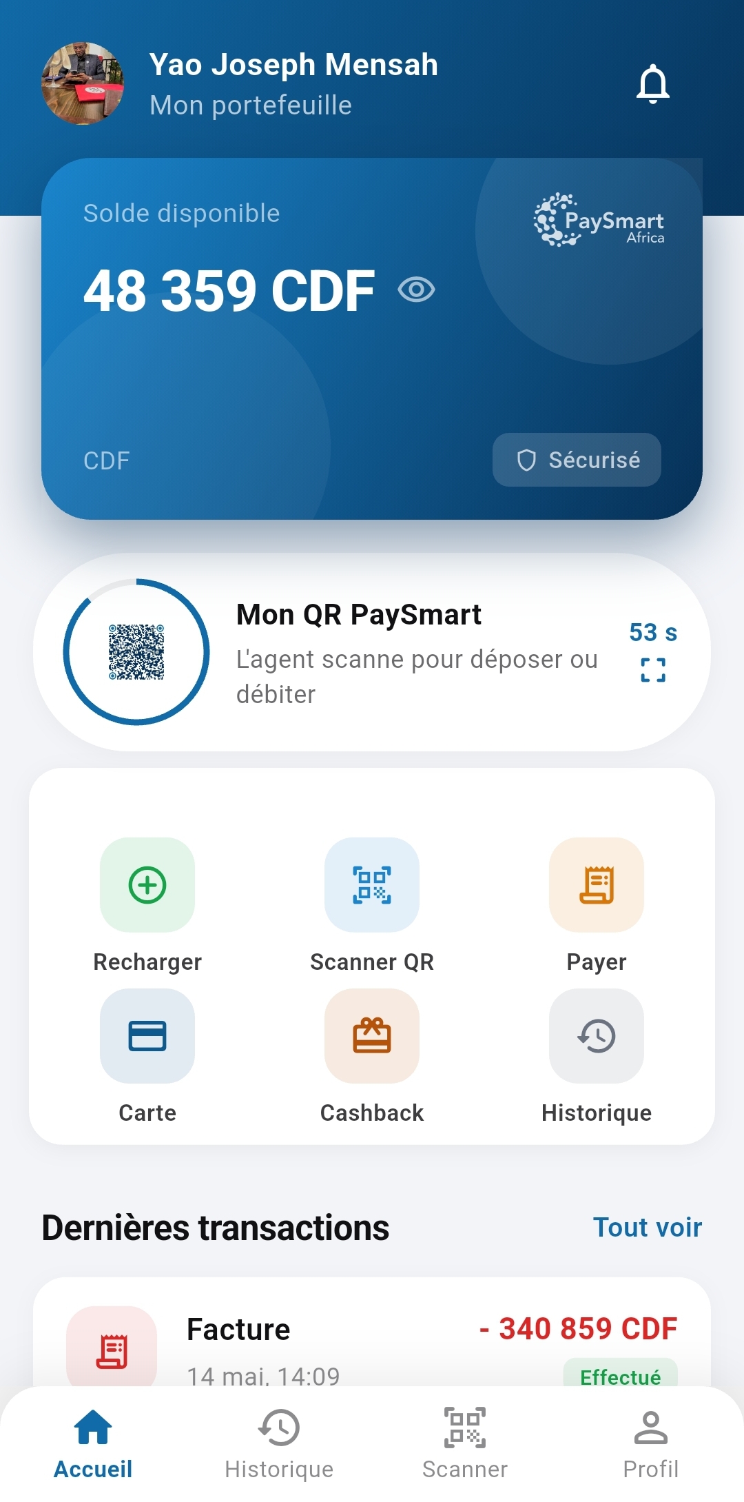SmartPay app — écran accueil